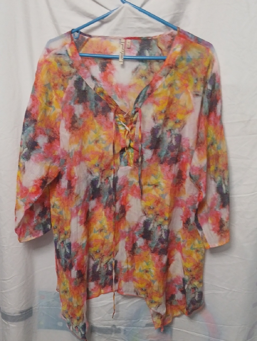 grand & greene Watercolor Tie-Front Top in Pink, Blue & Yellow